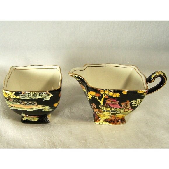 Royal Winton Grimwades Black Pekin Bone China Creamer Sugar Set Vintage 1950s - Picture 3 of 10